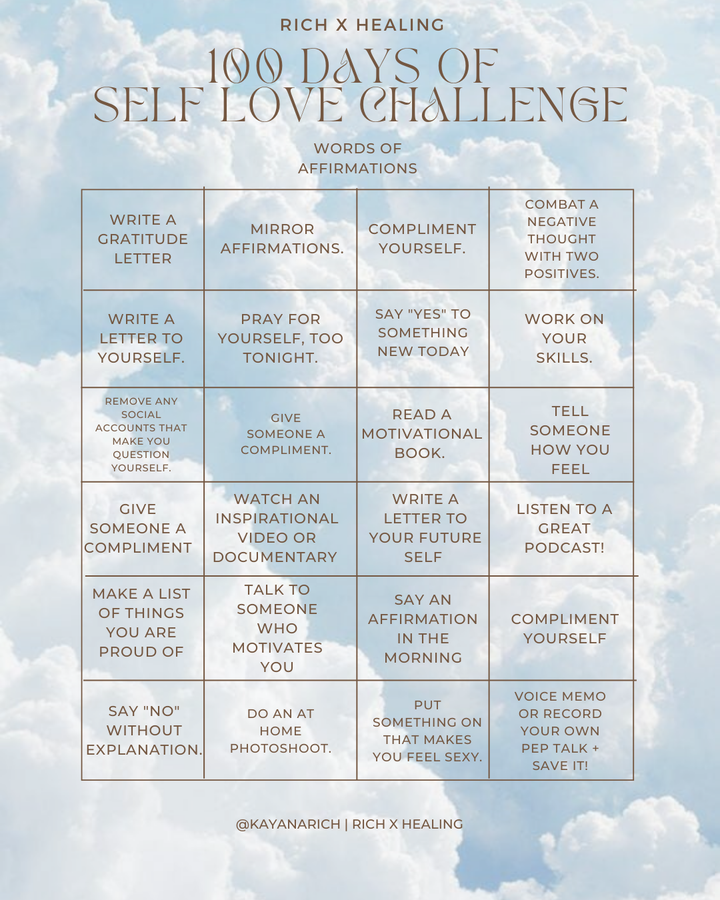 rich x healing | 100 days of self love bingo sheets *free downloadable* ✨💕🦋🌸