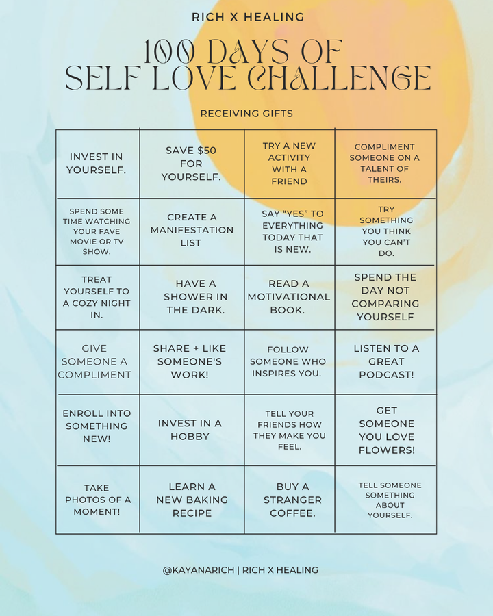 rich x healing | 100 days of self love bingo sheets *free downloadable* ✨💕🦋🌸