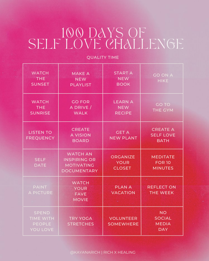 rich x healing | 100 days of self love bingo sheets *free downloadable* ✨💕🦋🌸