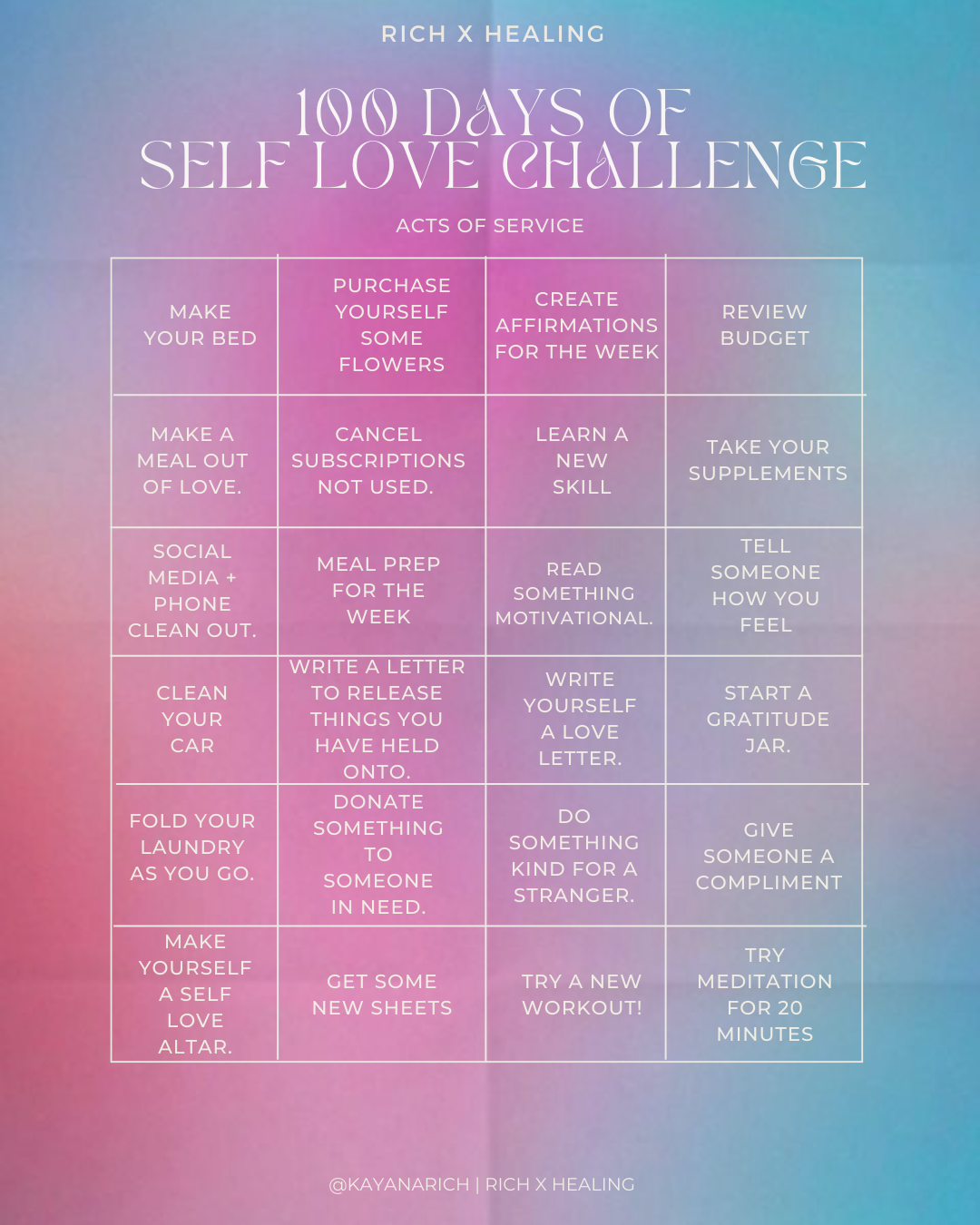 rich x healing | 100 days of self love bingo sheets *free downloadable* ✨💕🦋🌸