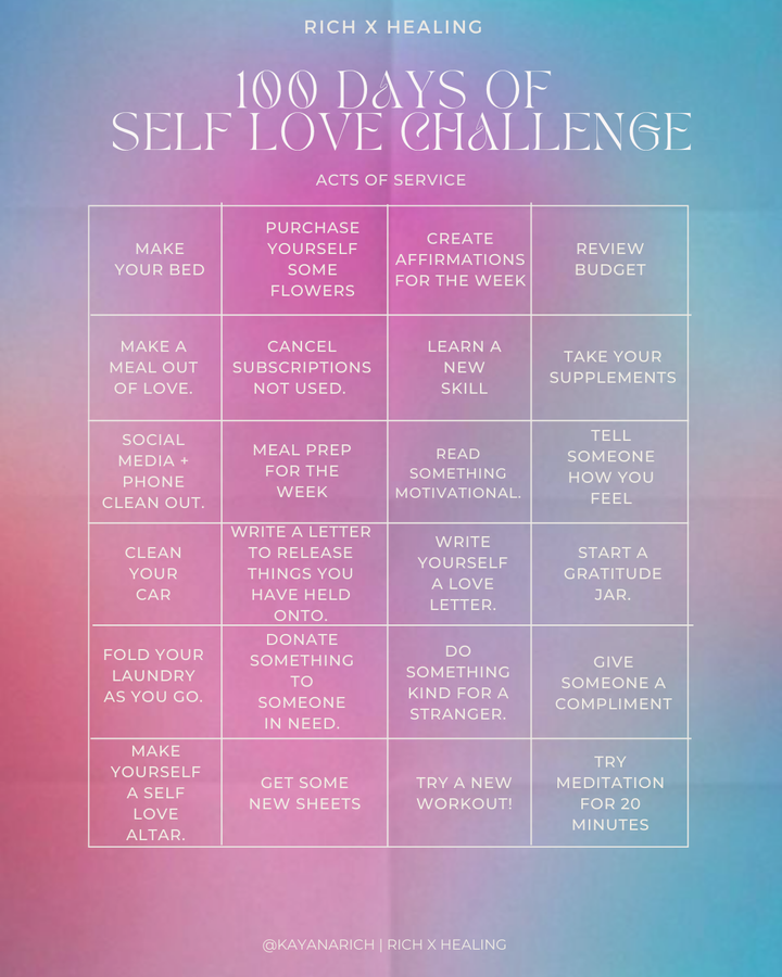 rich x healing | 100 days of self love bingo sheets *free downloadable* ✨💕🦋🌸