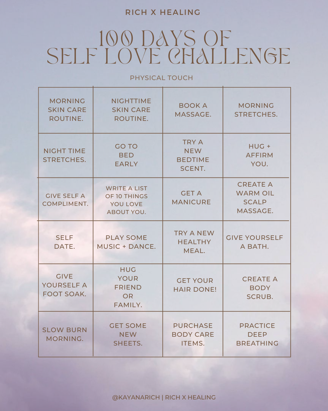 rich x healing | 100 days of self love bingo sheets *free downloadable* ✨💕🦋🌸